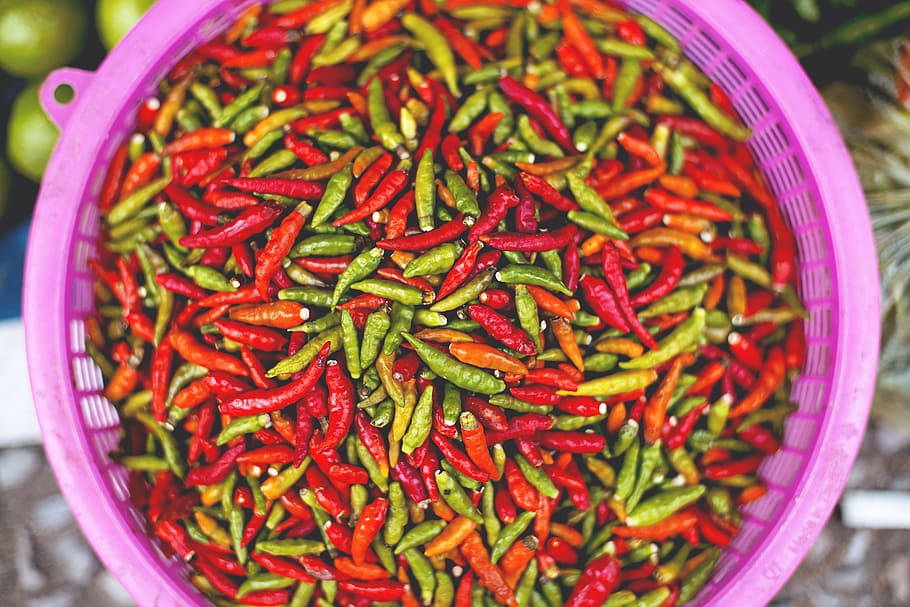 green and red chili lot on pink strainer, photo of bunch of chili HD wallpaper