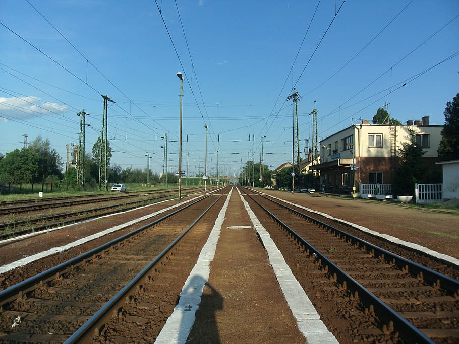 rail, train, tracks, shadow, sky, hungary, dunedin, railroad track HD wallpaper