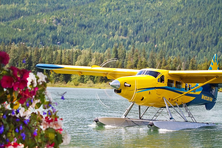untitled, bi plane, bi-plane, small plane, yellow, water, airplane, HD wallpaper