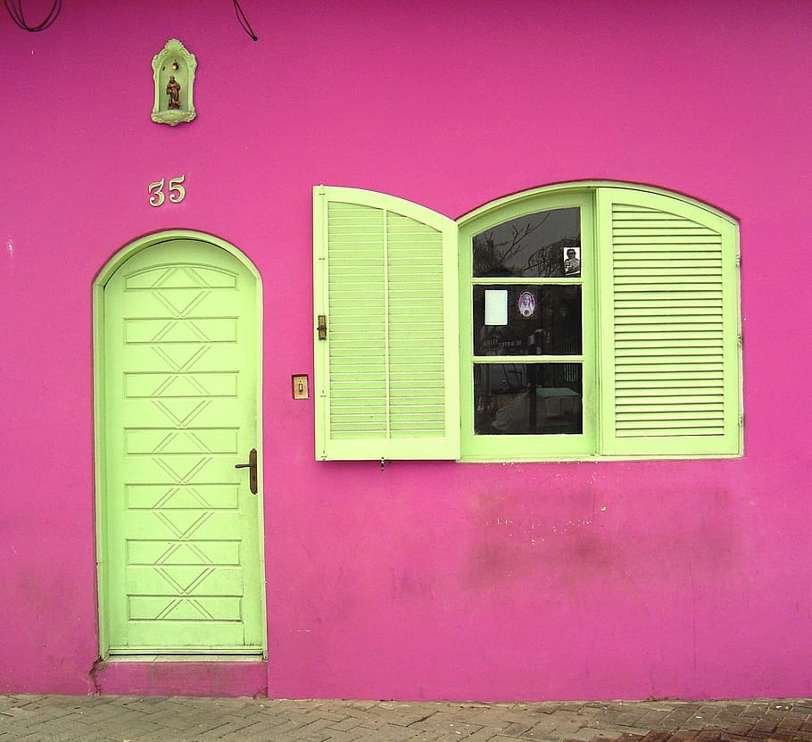 green painted door and window door, Facade, Pink, House, Home, HD wallpaper