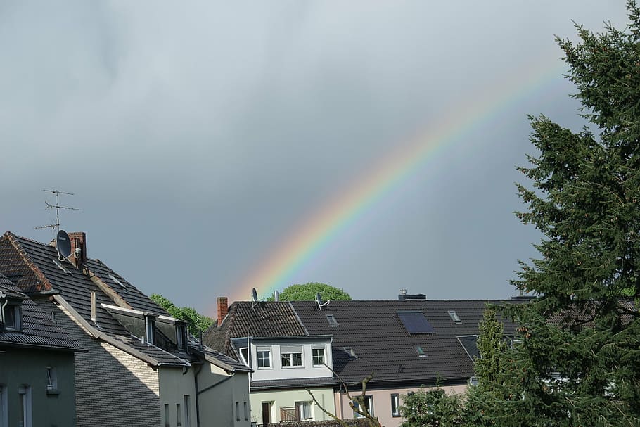 rainbow, thunderstorm, clouds, uerdingen, sky, building exterior HD wallpaper