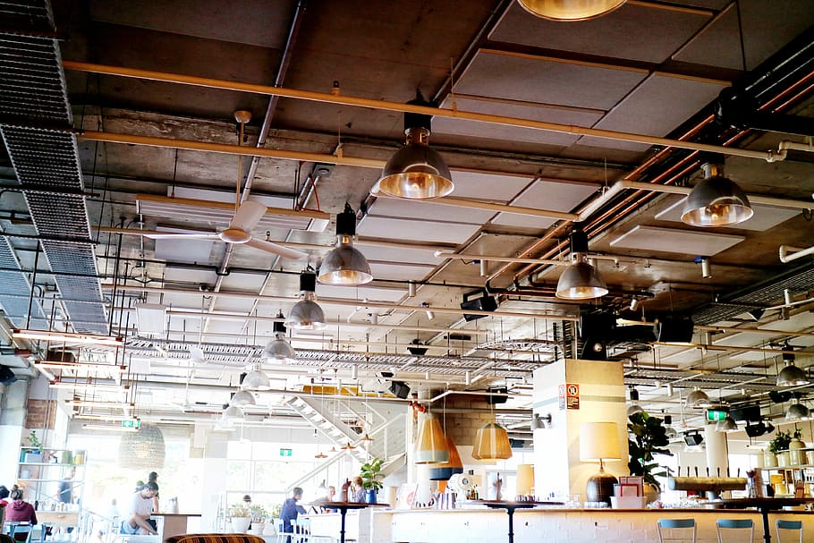 ceiling lights turned off, white ceiling fan and light on warehouse HD wallpaper