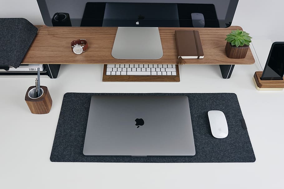 silver MacBook, MacBook with Magic Mouse near keyboard and black mat, HD wallpaper