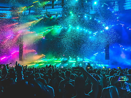 group of people in front of stage, crowd of people gathered near stage inside building HD wallpaper