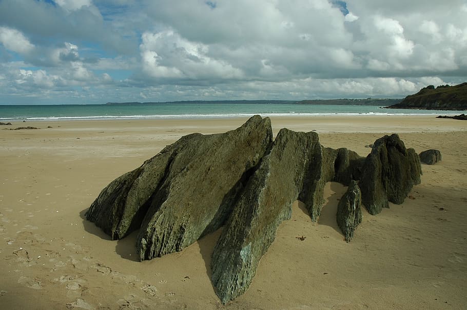 beach, coast, rock, sky, sea, brittany, clouds, land, water HD wallpaper