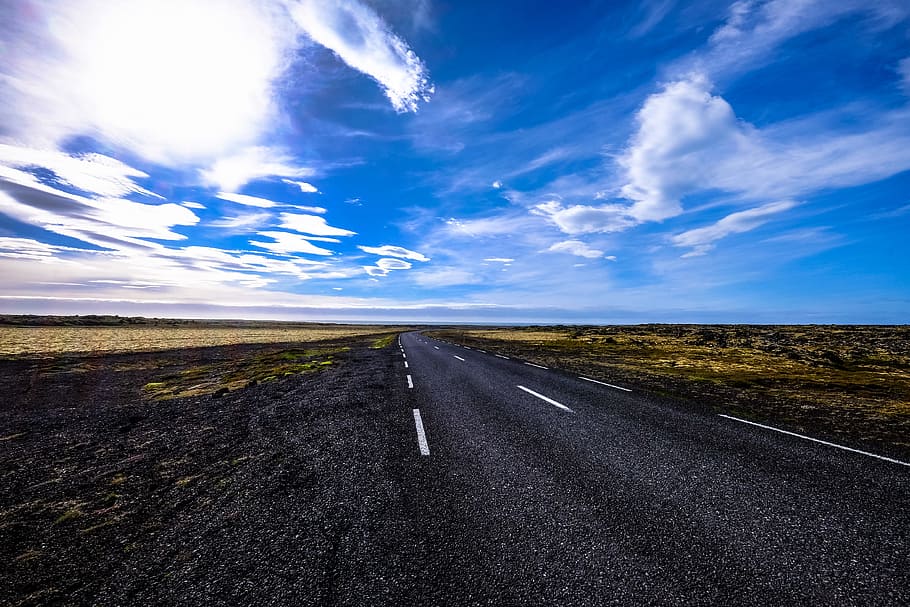 road, landscape, nature, clouds, asphalt, blue sky, cloudscape HD wallpaper