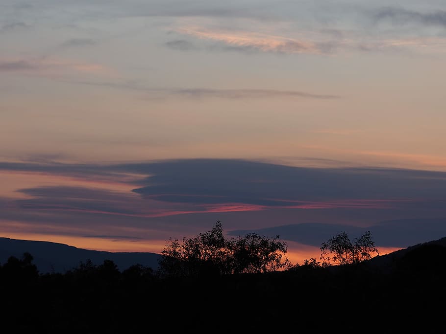 silhouette of mountain and trees during sunset, silhouette photograph of hill and trees during golden hour HD wallpaper
