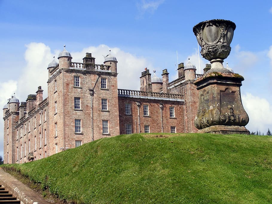 Castle, Urn, Grass, Old, Red, Sandstone, garden, classic, building HD wallpaper