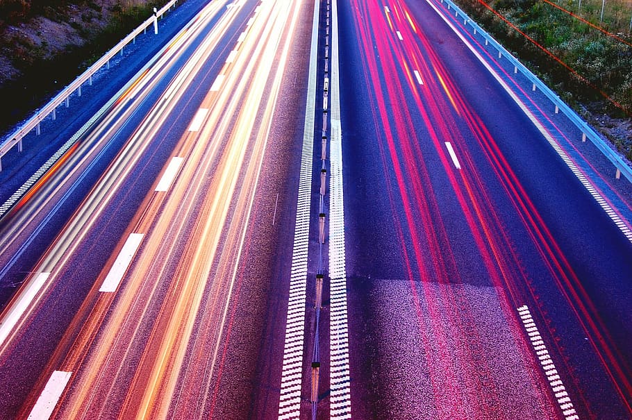 road, highway, lights, transportation, long exposure, motion HD wallpaper