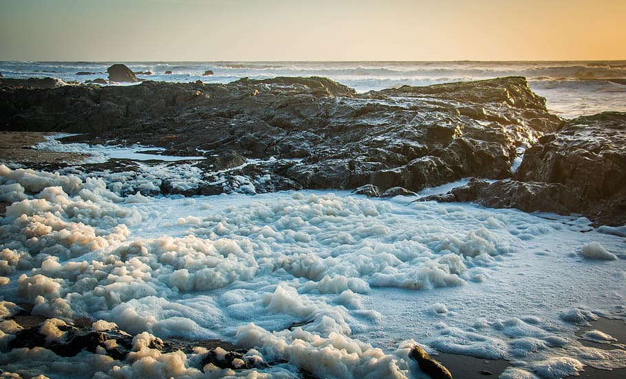 seashore during daytime, ice on sand, water, foam, rocks, nature HD wallpaper
