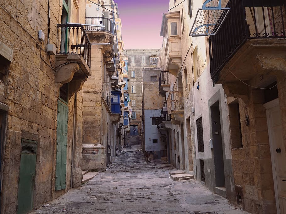 alley between concrete buildings, valletta, valletta alley, malta