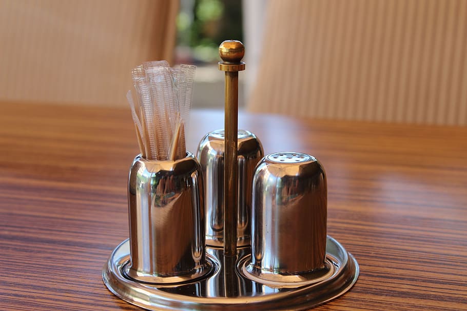 Salt, Pepper, Toothpicks, Table, metal, food and drink, indoors HD wallpaper