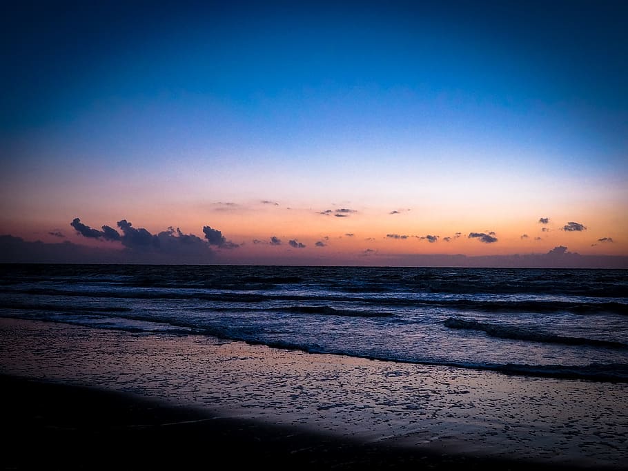 sunset, dusk, sea, abendstimmung, at dusk, evening sky, clouds, HD wallpaper
