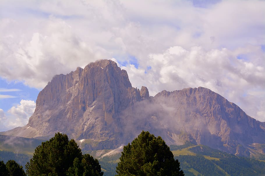 dolomites, mountain, trees, rock, clouds, cloudy, sky, nature HD wallpaper