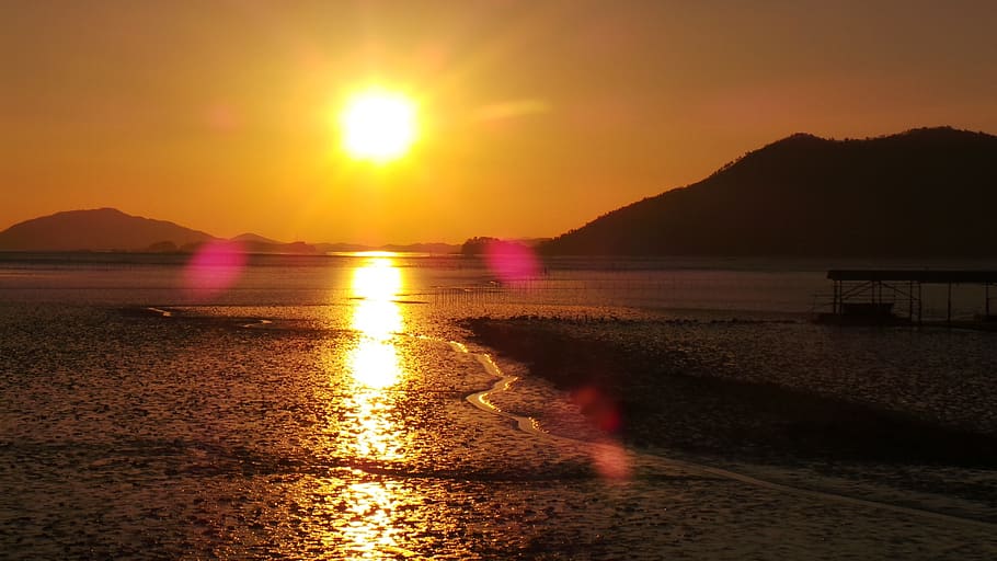 sunset, suncheon bay, tidal, sky, water, mountain, beauty in nature HD wallpaper