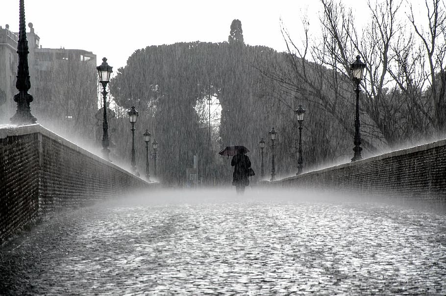 woman passing above bridge under umbrella during rainy weather conditioner HD wallpaper