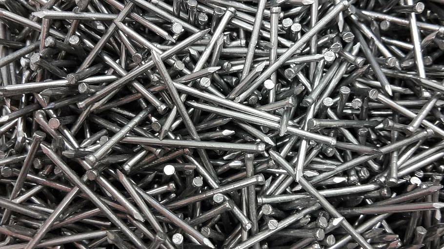 pile of grey nails, iron nails, metal metal, craftsman accessories