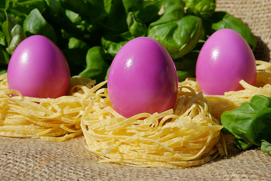 three pink poultry eggs on pasta, colored, easter, easter nest HD wallpaper