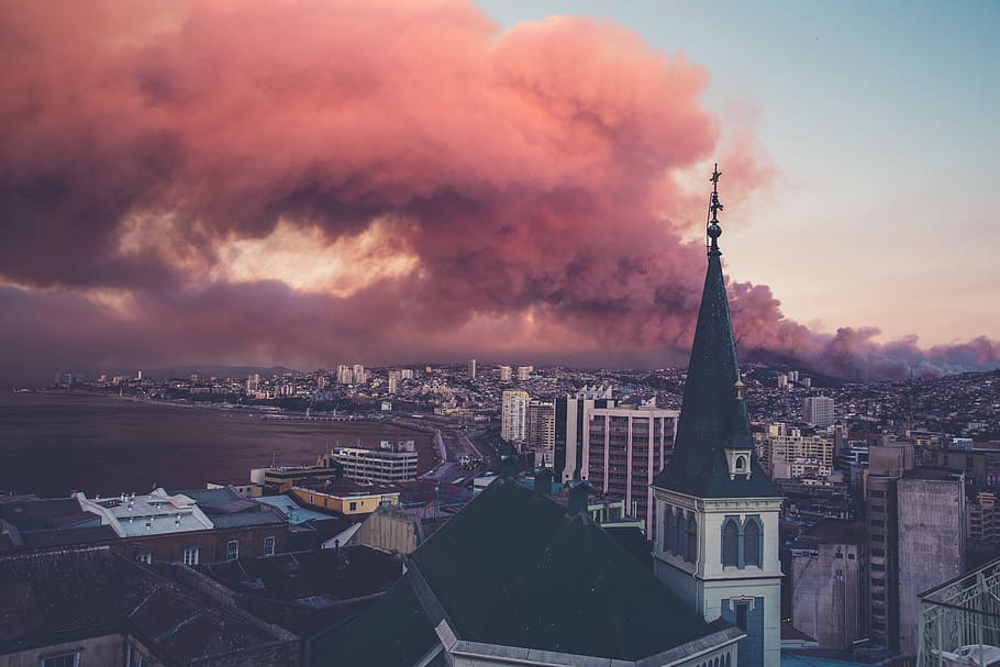 red clouds over building, structure, sky, infrastructure, window HD wallpaper