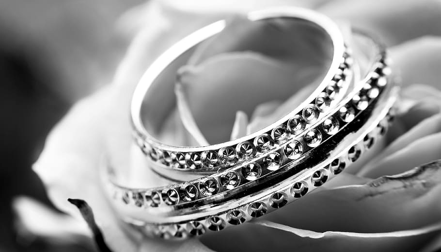 grayscale photography of silver-colored bracelets, wedding HD wallpaper