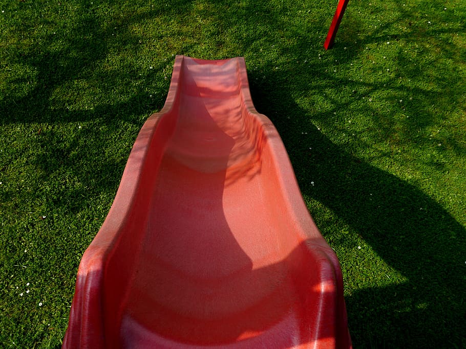 slide, playground, red, playset, fun, children's, grass, sunlight HD wallpaper