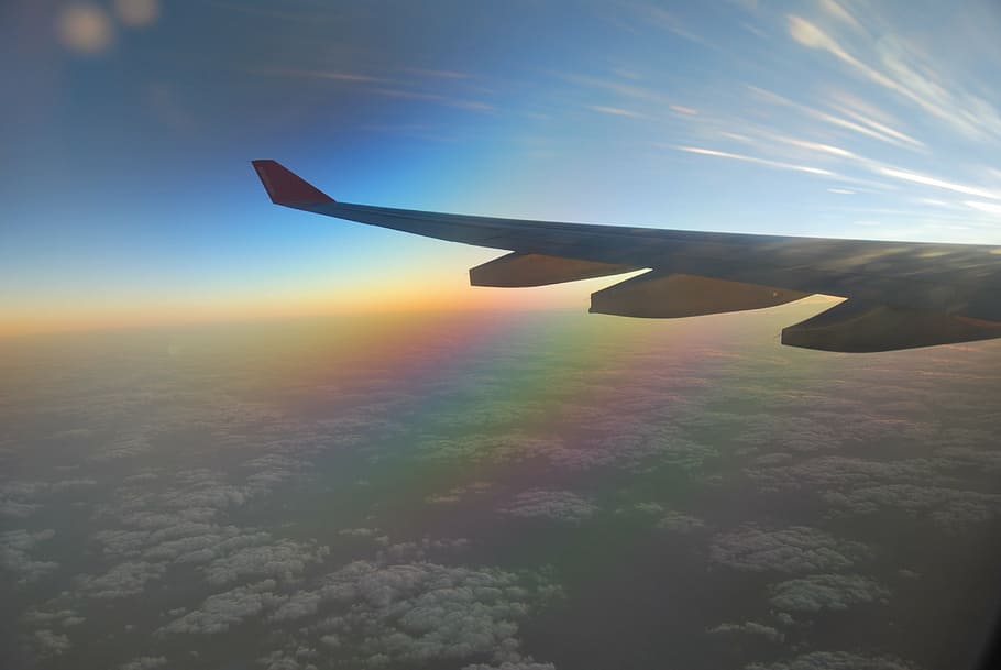 airplane, wing, clouds, sunrise, blue, horizon, landscape, skies HD wallpaper