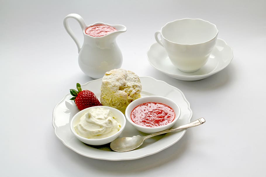 white ceramic saucer plate and pitcher, food, cup, cake, jam HD wallpaper