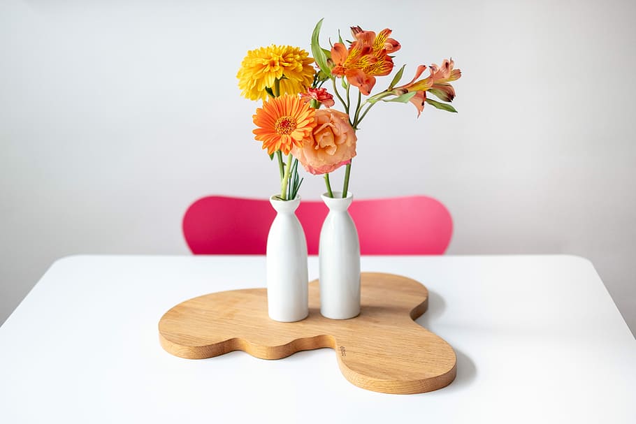 orange and yellow petaled flowers on table, orange flowers on white ceramic vases HD wallpaper