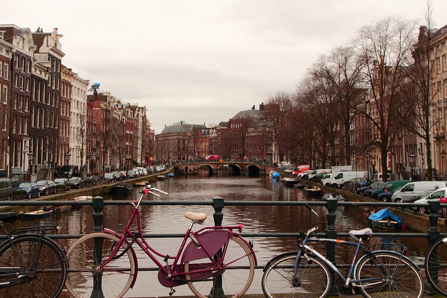 amsterdam, bike, bicycles, netherlands, holland, channel, canal, HD wallpaper