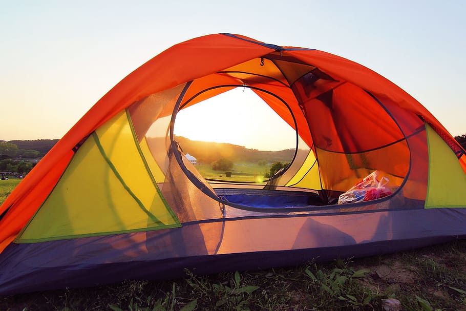 Camping, Tent, Prairie, multi colored, grass, sky, summer, outdoors HD wallpaper
