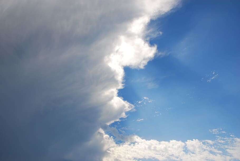 sky, clouds, blue, white, gray, rays of sunshine, time, light HD wallpaper