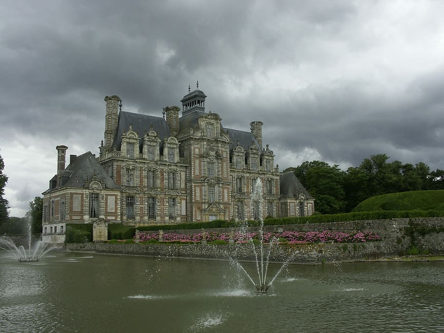 Castle, Grey, Cloud, Beaumesnil, sky, fountain, water, england HD wallpaper