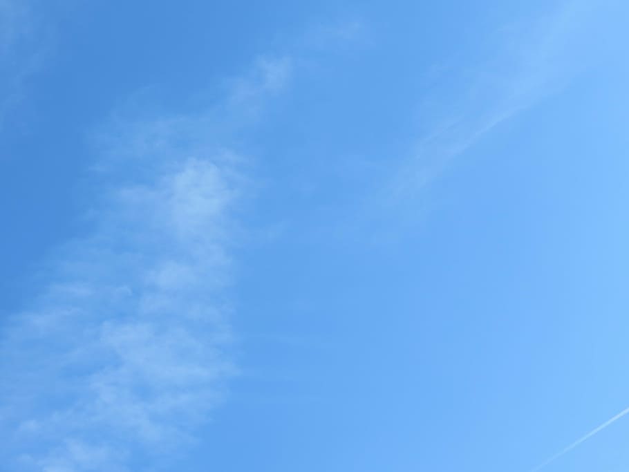 blue, sky, white, clouds, clear, sky blue, federwolke, contrail, HD wallpaper