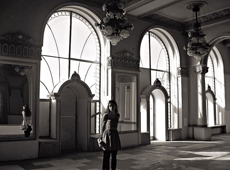 the palace, girl, reflection, mirror, casino, romania, did, HD wallpaper
