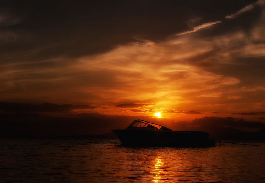 silhouette of bowrider boat, margarita island, sunset, sky, clouds, HD wallpaper