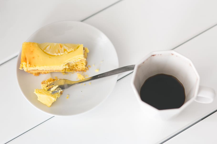Cheesecake on plate and cup of coffee, bake, bakery, dessert HD wallpaper