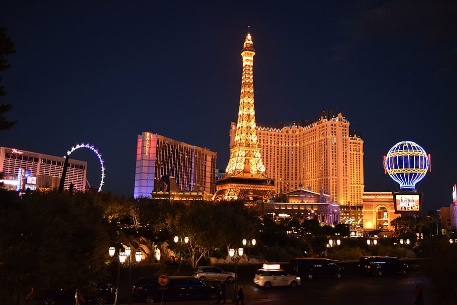 las vegas, paris, hotel, night view, illuminated, architecture, HD wallpaper