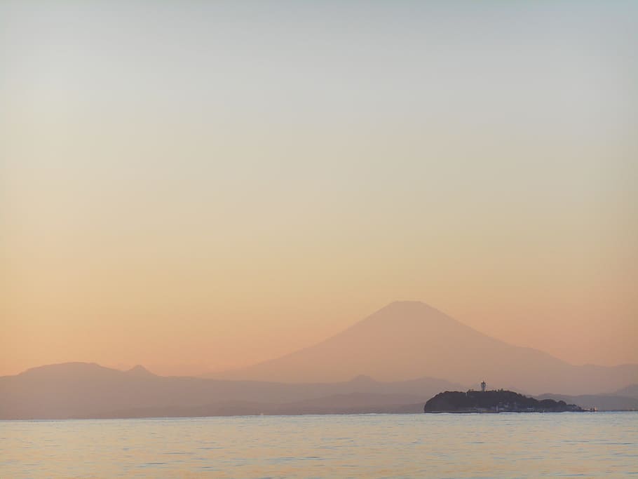 Sunset, Sea, Enoshima, Evening, Mt Fuji, landscape, japan, a quiet HD wallpaper