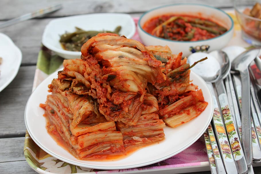kimchi on plate beside spoon, Countryside, Dining Table, Food