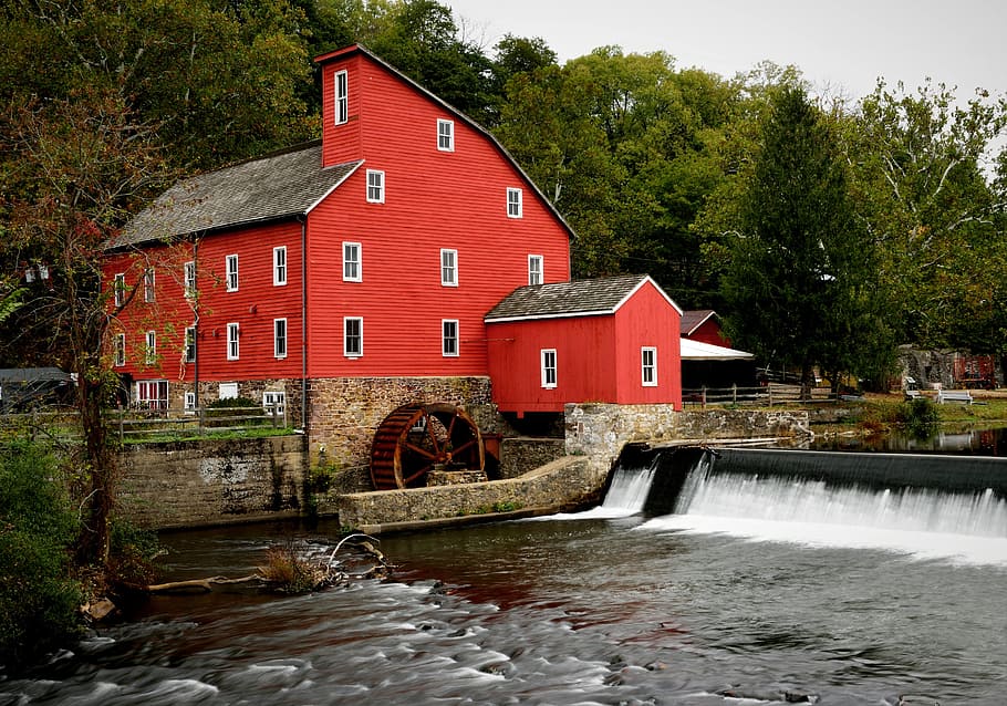 clinton nj, red mill, old, vintage, energy, landscape, waterfall, HD wallpaper