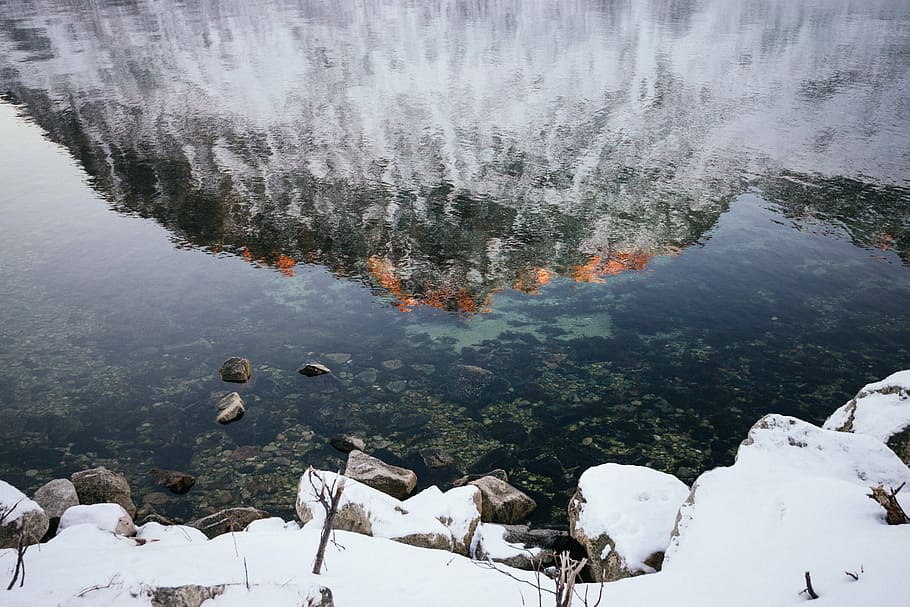 lake, mountain, outdoors, reflection, rocks, snow, water, nature HD wallpaper