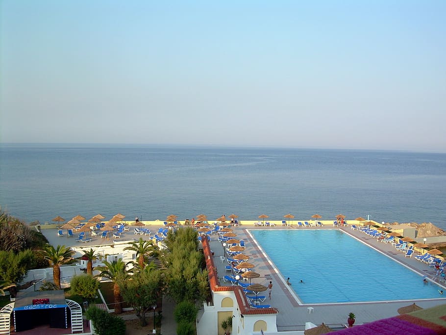 pool, sea, rhodes, landscape, greece, island, water, sky, high angle view HD wallpaper