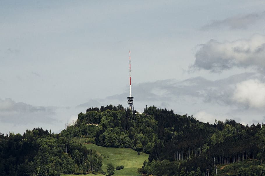 selective focus photography of red and white satellite tower HD wallpaper