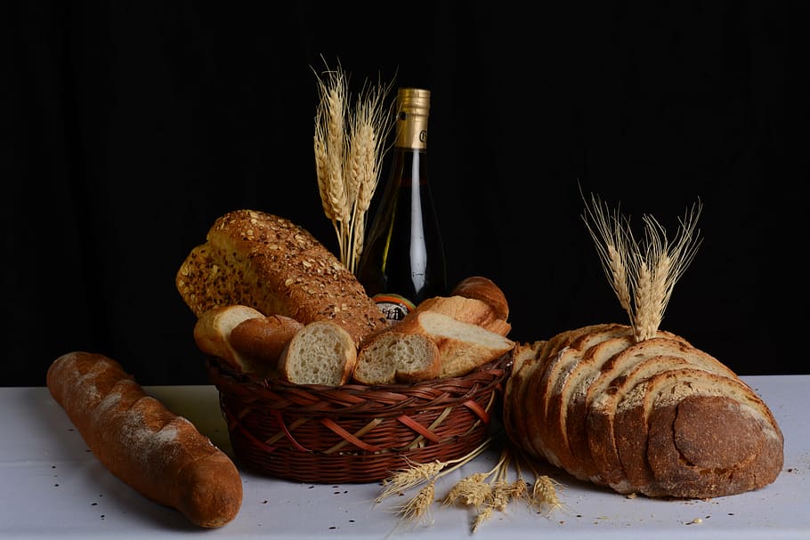 still life photography of breads, basket, food, wheat, wine, food and drink