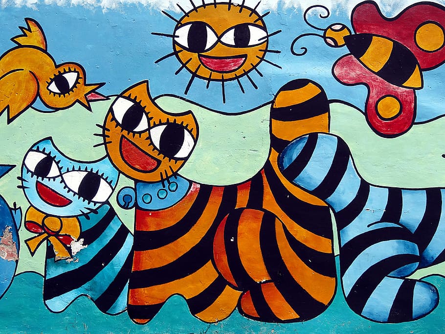 assorted-color animal drawing, Graffiti, Cat, Sun, Butterfly HD wallpaper