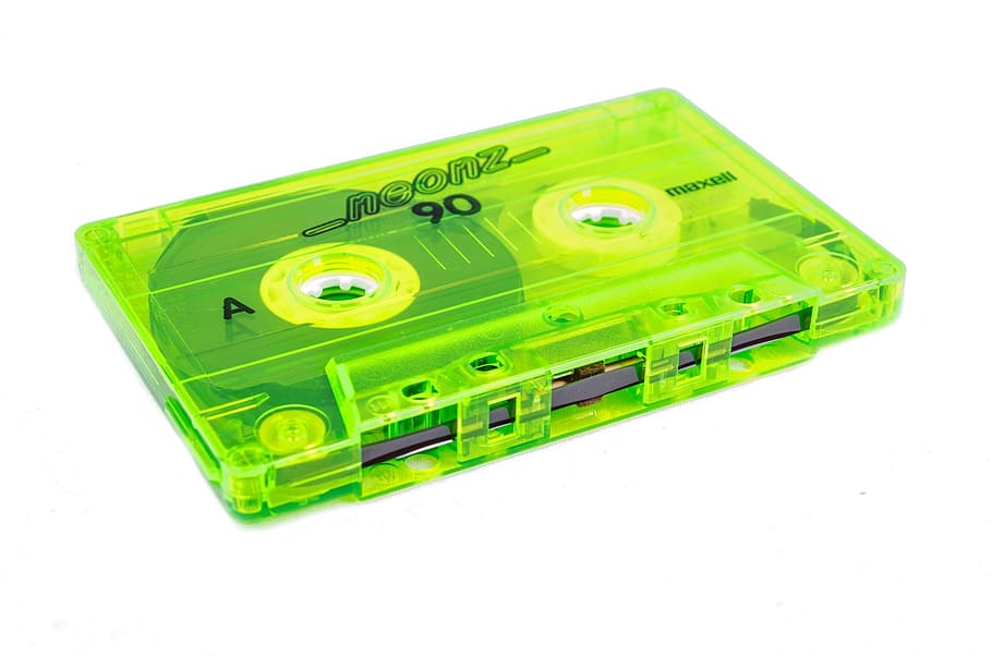green Neonz 90 cassette tape, announcer, audio, communication