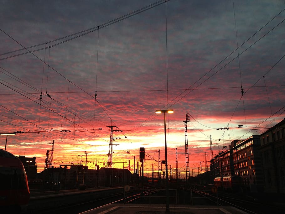 sunset, clouds, railway station, train, red, reddish, purple HD wallpaper