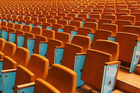 orange stadium seats, orange theater chair lot, rows, chairs empty concert show theatre orange blue valencium HD wallpaper