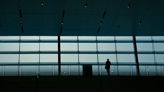silhouette photograph of man standing while leaning on glass building barricade HD wallpaper