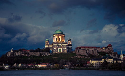 esztergom, cornice, bridge, basilica, cathedral, castle, clouds HD wallpaper
